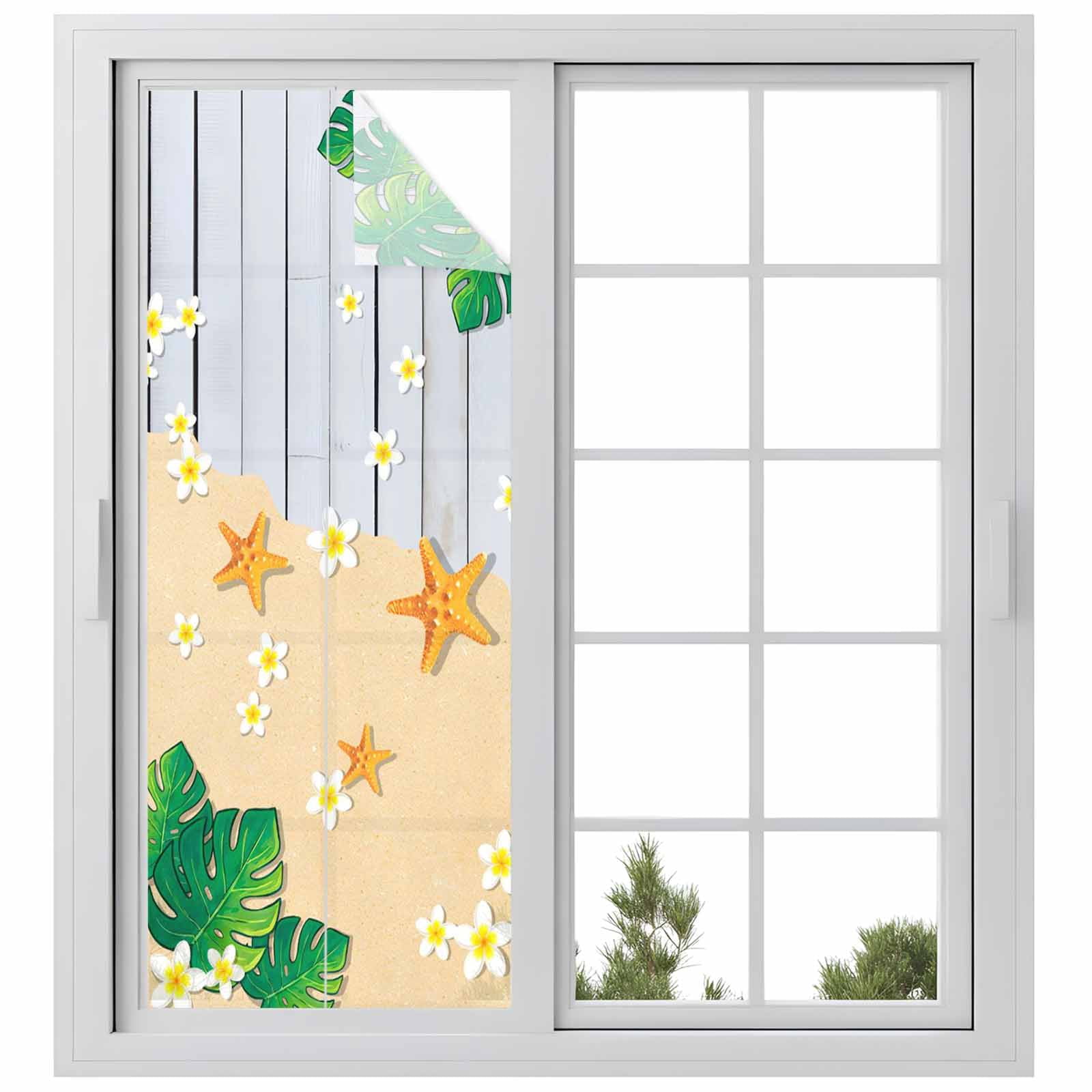 Tropical Summer Beach Window Privacy Film, Starfish Floral Monstera Gray Wood Frosted Glass Window Clings Static Cling UV Heat Blocking Reusable Door Sticker for Bathroom 23.6 x 59 Inch