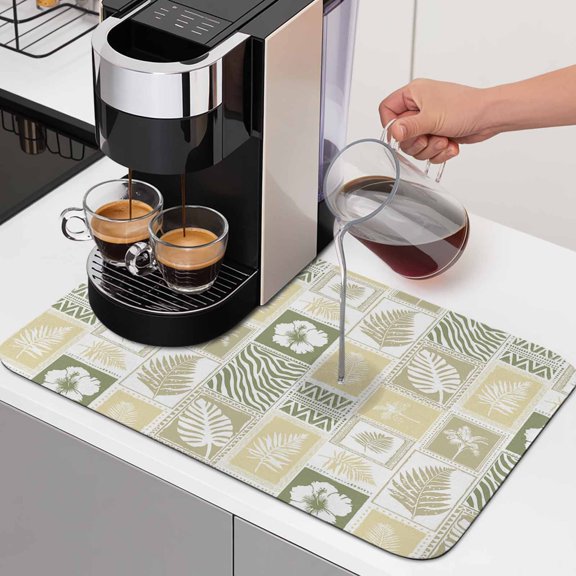 Tropical Summer Boho Dish Drying Mats for Kitchen Counter, Monstera Fern Leaf Palm Leaf Hibiscus Absorbent Coffee Bar Mat with Non-slip Rubber Backed Quick Drying Dish Rack Pad 12"x16"