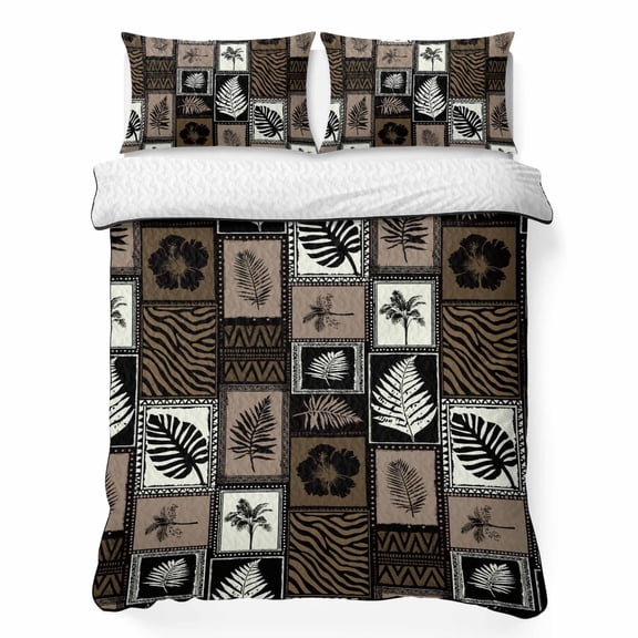 Tropical Summer Boho Twin Quilt Bedding Set, Monstera Fern Palm Leaf Hibiscus Brown Lightweight Comforter with 2 Pillow Shams Bedroom Bedspread Set Home Decor for All Seasons