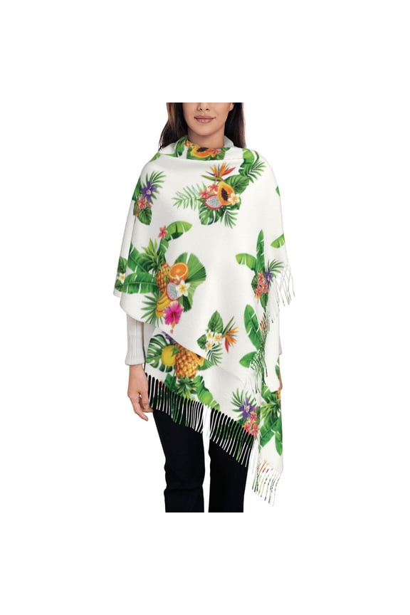 Tropical Summer Bouquet Palm Leaves Exotic Flowers Women's Tassel Shawl Scarf Fashion Scarf