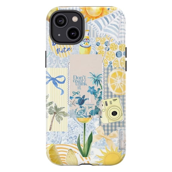 Tropical Summer Collage Phone Case, Yellow Lemon & Blue Palm Tree Aesthetic for iPhone 17 16 15 14 13 12 11 Pro Plus Mini