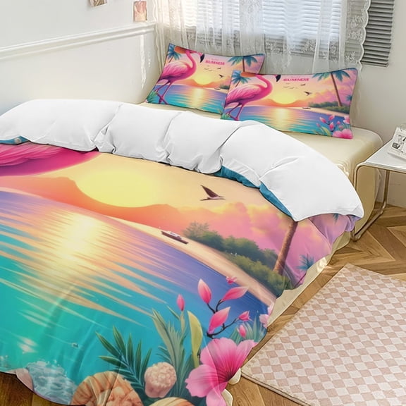 Tropical Summer Flamingo Beach 3D Duvet Cover Set Quilt Cover Theme of teenager for Bedroom Decoration