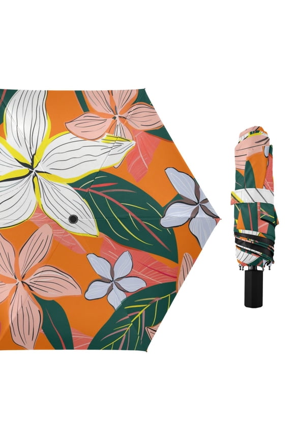 Tropical Summer Flowers Leaves All Weather Umbrella Triple Folding Parasol 6 Ribs UV Protection Portable