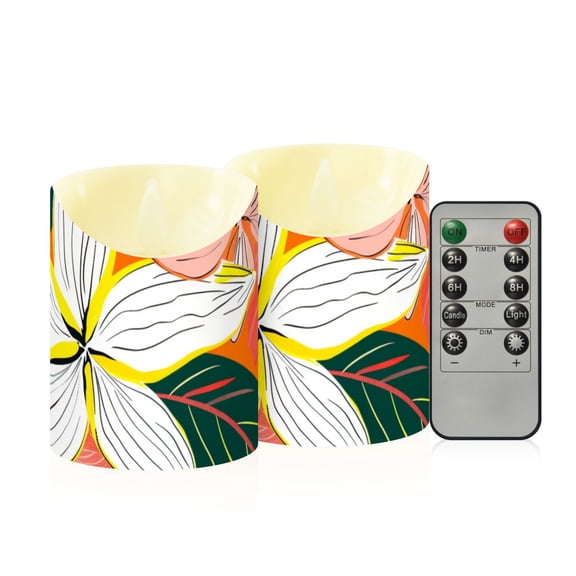 Tropical Summer Flowers Leaves Flickering Flameless Candles with Remote Timer Battery Operated LED Tealight Set of 2 M