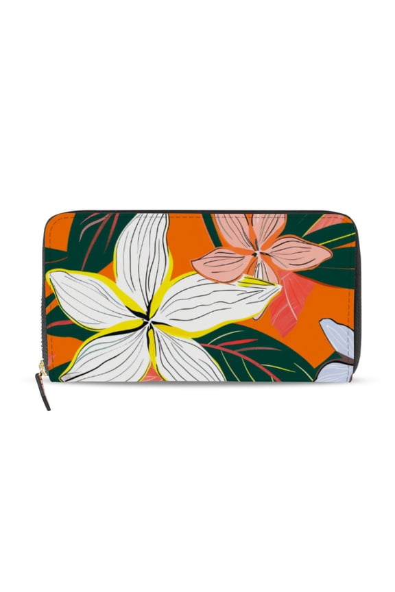 Tropical Summer Flowers Leaves Women's Long Zipper Wallet Bifold Clutch Purse PU Leather Card Cases