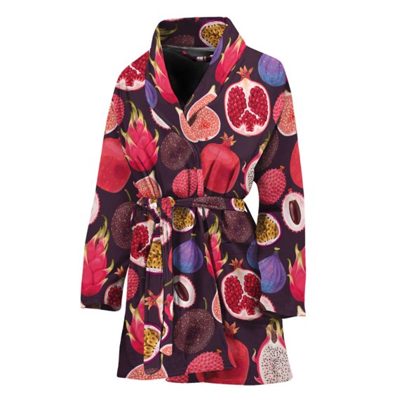 Tropical Summer Fruits Pattern Women Bathrobe One Size Univeral Fits, Aloha Tropical Hawaiian Fashion Lightweight Plush Fleece Long Robe For Women
