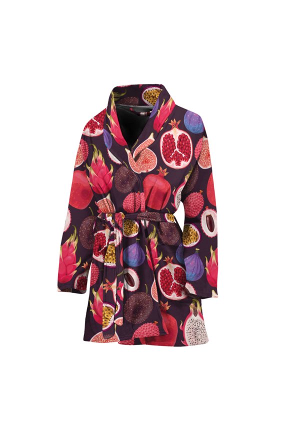 Tropical Summer Fruits Pattern Women Bathrobe One Size Univeral Fits, Aloha Tropical Hawaiian Fashion Lightweight Plush Fleece Long Robe For Women