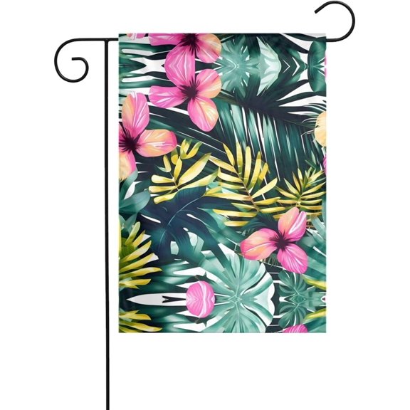 Tropical Summer Garden Flag Hawaiian Flower Palm Leaves Print 12 x 18 Inch Small Yard Flag for Outdoor All Seasons Use