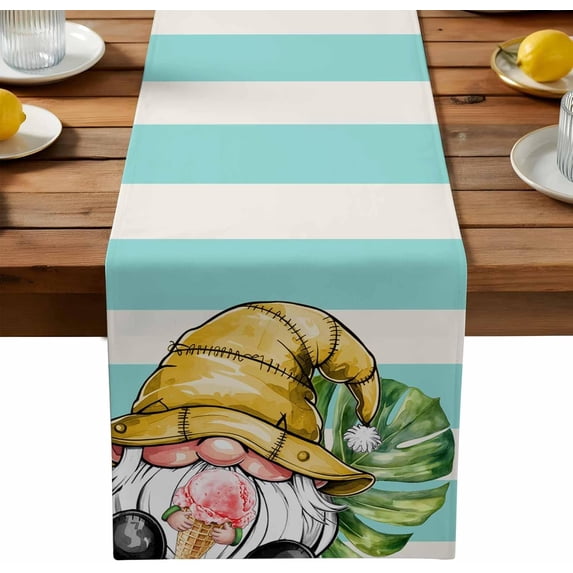 Tropical Summer Gnome Table Runner 108 inches Long, Palm Leaf Stripes Farmhouse Holiday Kitchen Dining Table Decoration for Indoor Outdoor Home Dinner Party Coffee Decor, Yellow Green