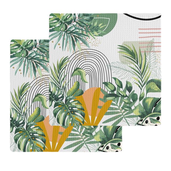 Tropical Summer Kitchen Dish Towels for Drying Dishes Set of 2, Boho Palm Leaves Botanical Watercolor Waffle Weave Microfiber Hand Tea Bathroom Towels Quick Dry & Absorbent Towel 12x12