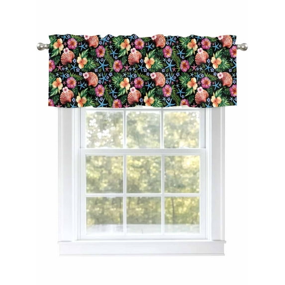Tropical Summer Ocean Valances for Windows, Rod Pocket Kitchen Valance Curtains - Soft & Washable Small Window Treatment for Living Room, Bathroom, Floral Starfish, 54x18inch