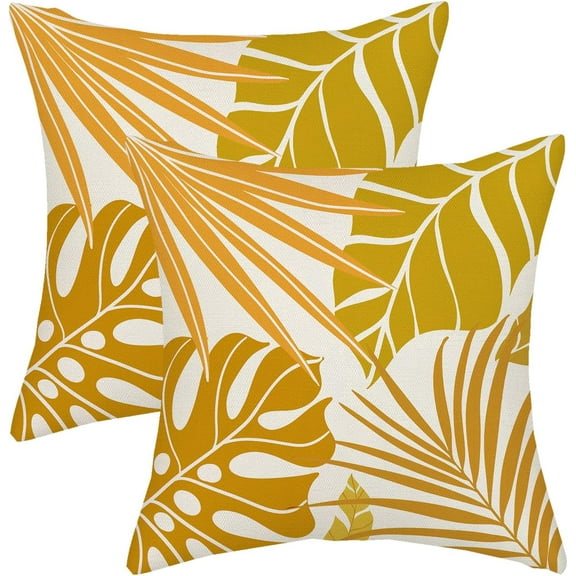 Tropical Summer Outdoor Pillow Covers 18x18 Mustard Yellow Palm Leave Throw Pillows for Couch Plant Leaf Pillowcase Indoor Farmhouse Decorative Cushion Case for Sofa Bed Decoration Set of 2
