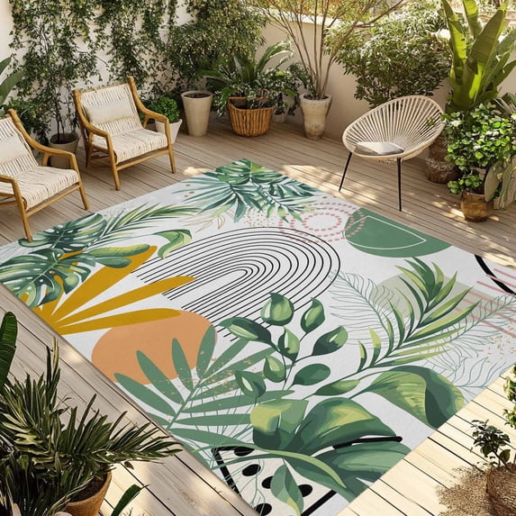 Tropical Summer Outdoor Rug for Patio/Deck/Porch, Non-Slip Large Area Rug 3 x 5 Ft, Boho Palm Leaves Botanical Watercolor Indoor Outdoor Rugs Washable Area Rugs, Reversible Camping Rug Carpet Runner