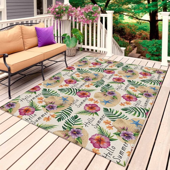 Tropical Summer Outdoor Rug for Patio/Deck/Porch, Non-Slip Large Area Rug 3 x 5 Ft, Coastal Palm Leaf Flowers Starfish Indoor Outdoor Rugs Washable Area Rugs, Reversible Camping Rug Carpet Runner
