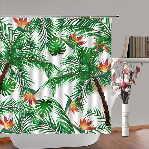 Tropical Summer Palm Bathroom Shower Curtain Leaves Banana Hibiscus Floral Flower Plant Po