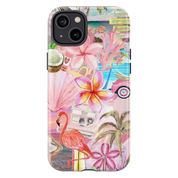 Tropical Summer Phone Case, Flamingo and Beach Vibe Collage, Fun Vacation Protective Case for iPhone Models