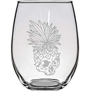 Tropical Summer Pineapple Leaf Fire Eyes Punk Fruit Design - Laser Engraved Stemless Wine Glasses
