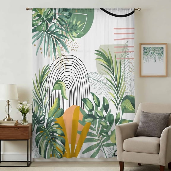 Tropical Summer Sheer Curtains 96 Inches Long, Boho Palm Leaves Botanical Light Filering Curtains, Privacy Drapes Simi Floor to Veiling Curtain for Living Room Bedroom Large Window Treatment