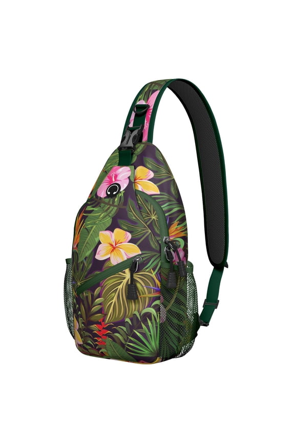 Tropical Summer Sling Backpack with Jungle Leaves, Hawaiian Floral Pattern, Exotic Palm Leaf and Vibrant Botanical Aesthetic for Outdoor Travel