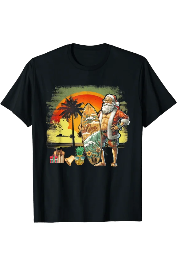 Tropical Summer Surfing Santa Claus 6 Pack Christmas In July Men Women T-Shirt, Birthday Gift