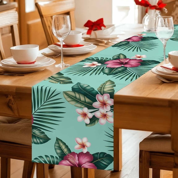 Tropical Summer Watercolor Hibiscus Flower Table Runner 36 Inches Long,Kitchen Dining Tablerunners Plant Green Leaves Linen Table Runners Dresser Scarves for Home Dinner Wedding Holiday Party Decor