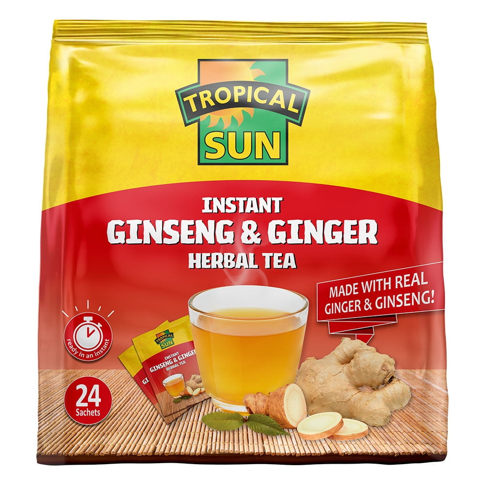 Tropical Sun Instant Ginger and Ginseng Herbal Tea, 24 Sachets - Instant Hot or Cold Beverage