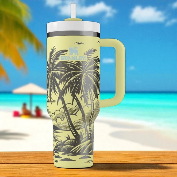 Tropical Sun Insulated tumbler Engraved Palm Tree Cup with Handle and Straw Beach Vibe Gift for Summer and