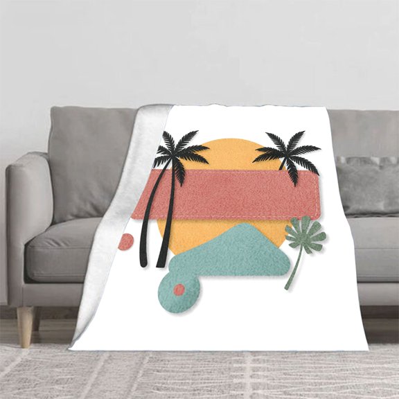 Tropical Sun & Palm Tree Pattern Flannel Blanket - Soft Cozy Durable for Sofa Travel Bed & Chair - Perfect for Beach Lovers