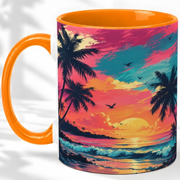 Tropical Sunset Accent Mug, 11oz Ceramic Coffee Cup for Beach Lovers