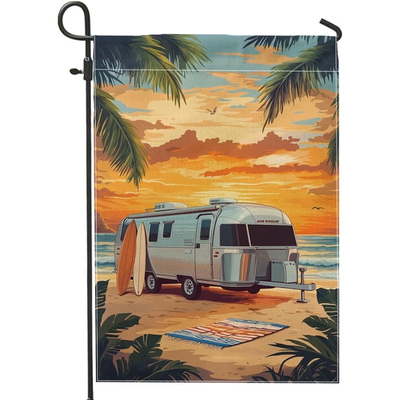 Tropical Sunset Airstream Garden Flag, Silver Aluminum Retro Trailer Outdoor Decor, Double Sided Beach Lawn Banner, Summer Vacation Decoration 12x18 Inch