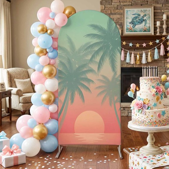 Tropical Sunset Arch Backdrop Covers 4 FT, Green Red Gradient Beach Palm Tree Silhouette Stretchy Fitted Arched Stand Covers Party Arch Stand Cover Photo Booth for Wedding Birthday Decor