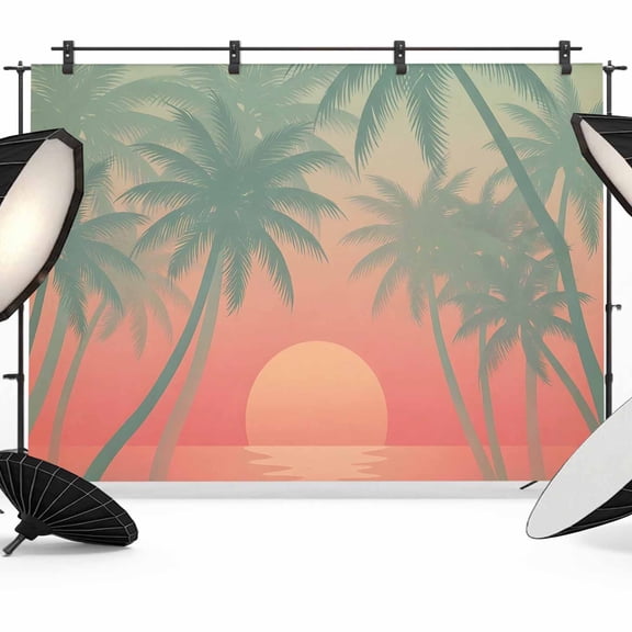 Tropical Sunset Backdrop for Photography, Green Red Gradient Beach Palm Tree Silhouette Photo Backdrop Portrait Background Party Banner Photo Backgrounds for Studio Booth Props, 10x8ft