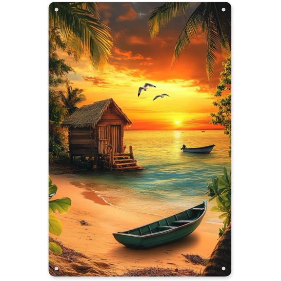 Tropical Sunset Beach Metal Tin Sign, Hut Boat and Seagulls Wall Art Decor, Easy to Hang Aluminum Plaque, 8 x 12 Inch for Home Patio or Vacation-Themed Spaces