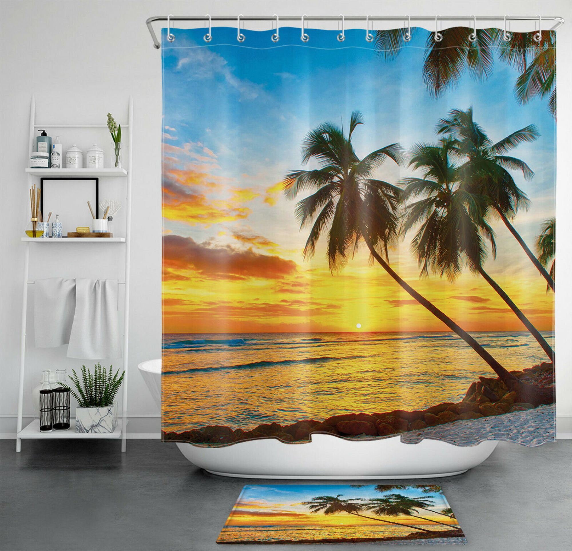 Tropical Sunset Beach Palm Tree Bathroom Decor Curtain Coastal Island