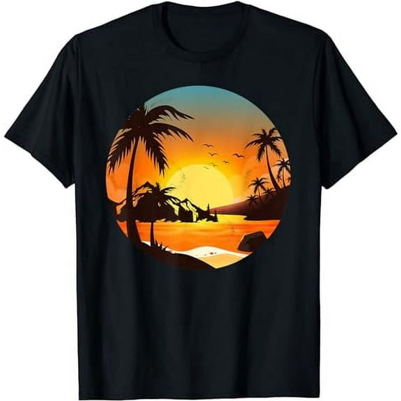 Tropical Sunset Beach Palm Tree Graphic Unisex Summer Vacation Short Sleeve T-Shirt