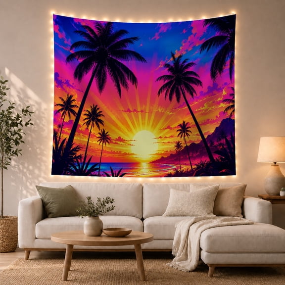 Tropical Sunset Beach with Palm Tree Silhouettes Dramatic Retro Style for Ocean Lovers Coastal Home Decor Housewarming Gift Tapestry Wall Hanging for Bedroom and Living Room