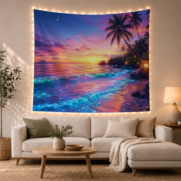 Tropical Sunset Beach Palm Trees at Dusk Dreamy Coastal Illustration for Beach Lovers, Nature Inspired Decor Housewarming Gift Tapestry Wall Hanging for Living Room, Bedroom and Dorm