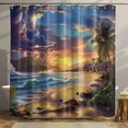Tropical Sunset Beach Palm Trees Mountains Shower Curtain