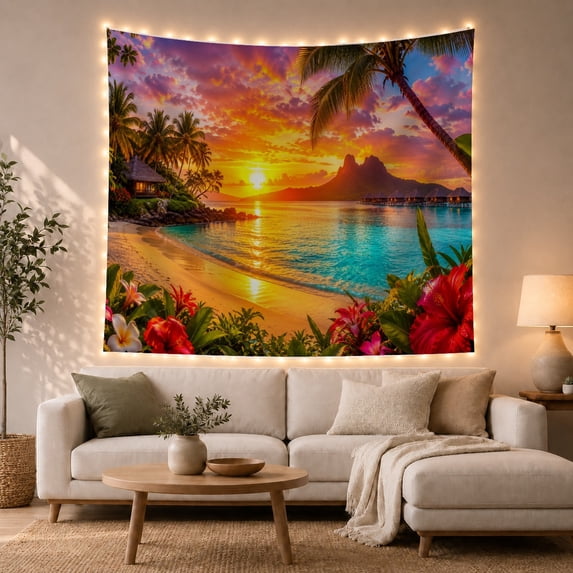Tropical Sunset Beach With Palm Trees, Romantic Coastal Style for Beach Lovers, Coastal Wall Art, Housewarming Gift, Tapestry Wall Hanging for Bedroom and Living Room