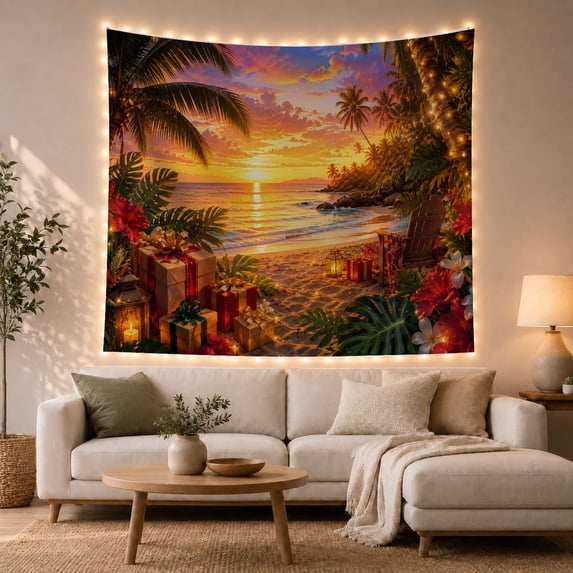 Tropical Sunset Beach Scene with Palm Trees and Coastal Rocks, Warm Coastal for Beach Lovers, Sunset Paradise Wall Art Christmas Gift Tapestry Wall Hanging for Living Room and Bedroom