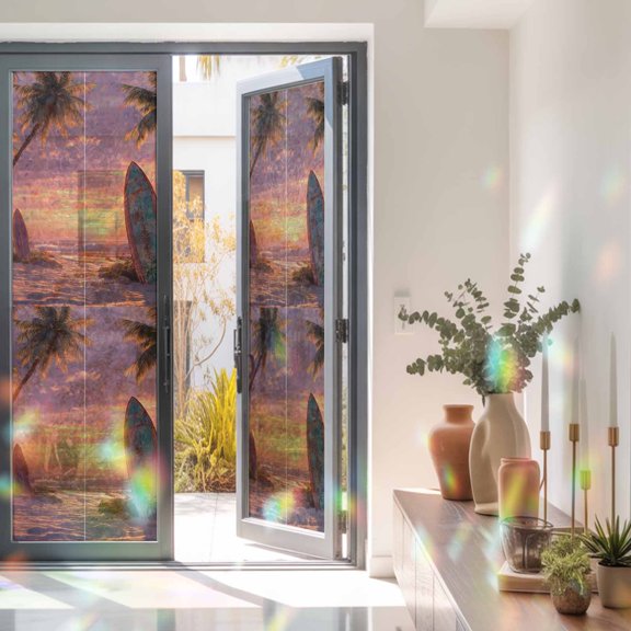 Tropical Sunset Beach Surfboards Window Privacy Film, Rainbow Film Decorative Window Sticker 23.6x78.7in, Ocean Palm Trees Sun Blocking Static Stained Glass Cling Tint Non-Adhesive