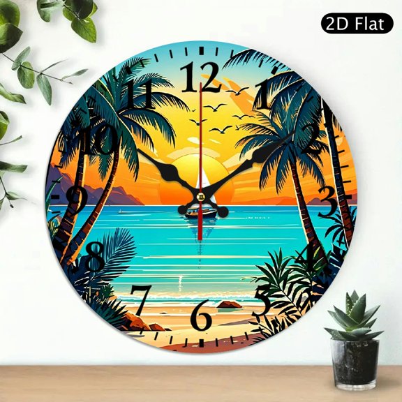 Tropical Sunset Beach Wall Clock, Round Decorative Timepiece for Home Decor, 10x10 Inch, 1pc, Battery Not Included
