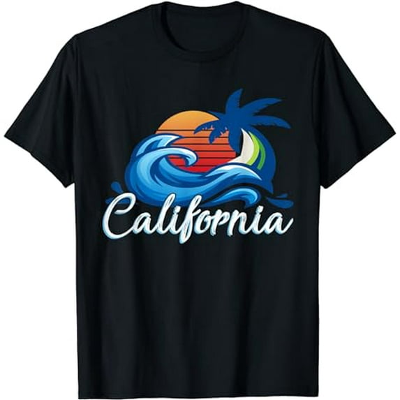 Tropical Sunset Cali Beach Waves Surfing USA California T-Shirt