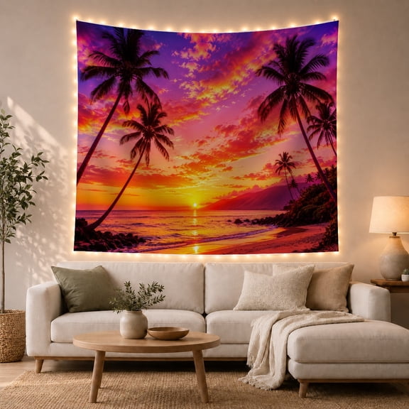 Tropical Sunset Over Calm Ocean with Silhouetted Palm Trees, Romantic Boho for Beach Lovers, Vibrant Nature Wall Decor, Housewarming Gift, Tapestry Wall Hanging for Living Room and Bedroom