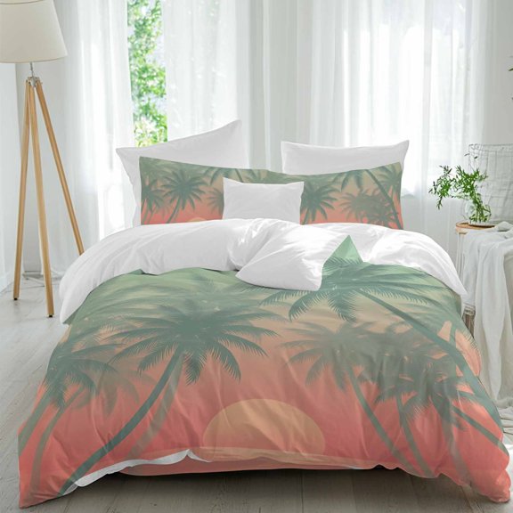 Tropical Sunset Comforter Set Queen Size, Green Red Gradient Beach Palm Tree Silhouette Soft Bedding Set for Man Woman, 4 Pieces Duvet Cover Set with Fitted Sheet, 2 Pillowcases
