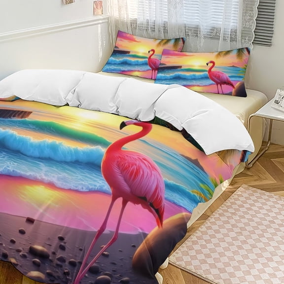 Tropical Sunset Flamingo Beach Duvet Cover Set Themed Multicolor Polyester Bedding Set for Bedroom Decoration