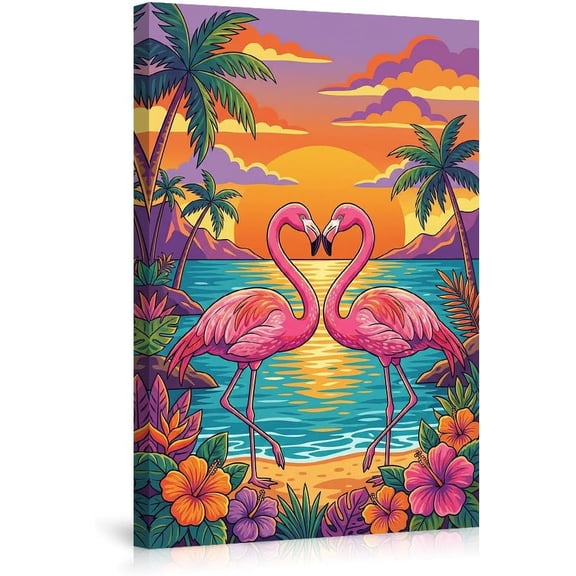 Tropical Sunset Flamingo Love Canvas Prints Wall Art Decor,Pink Flamingos Heart Shape Beach Scene with Palm Trees and Hibiscus Flowers for Bedroom Living Room