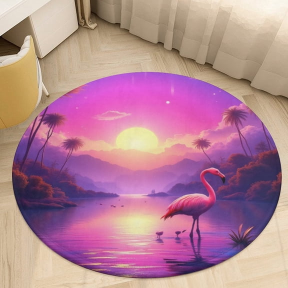 Tropical Sunset Flamingo Oasis Round Area Rugs for Bedroom Living Room, 3FT Soft Indoor Circle Carpets, Carpet Home Decor Floor Mat