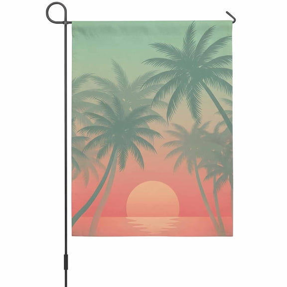 Tropical Sunset Garden Flag 12 x 18 Inches, Green Red Gradient Beach Palm Tree Silhouette Weather Proof Outdoor Patio Flags Double Sided Small Garden Decoration for Yard Outside Home