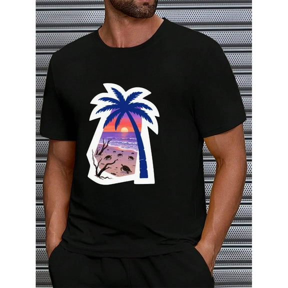 Tropical Sunset Graphic Tee T-Shirt Beach Cotton Top Palm Tree Turtle Design Casual Short Sleeve Crew Neck Black S-5XL